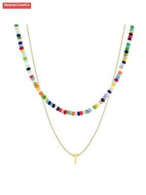 18K Gold Plated Layered Initial A-Z Necklace Rainbow Gemstone Choker Set Boho
